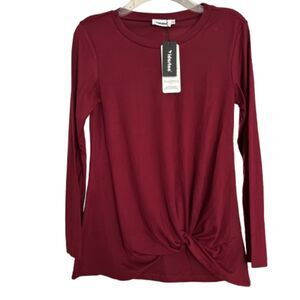 Yidarton Woman's S Comfy Twist Knot Front Long Sleeve Fall Red T Shirt #Y